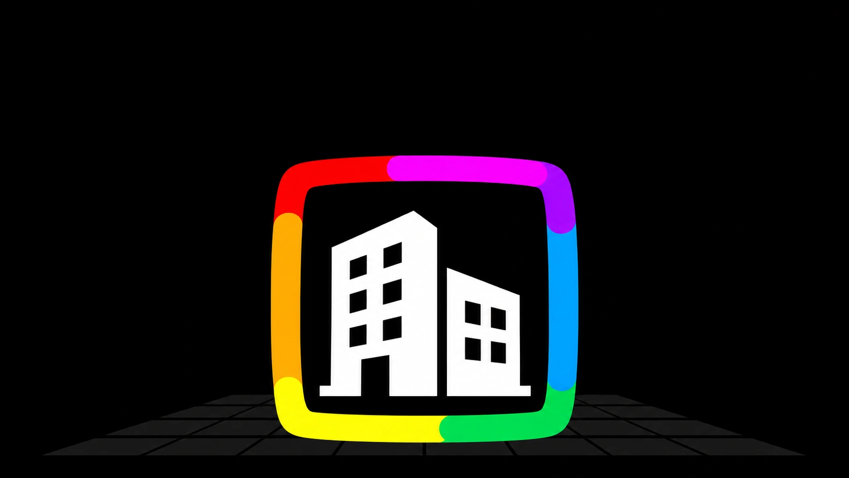 Company headquarters emblem with a multicolored square frame